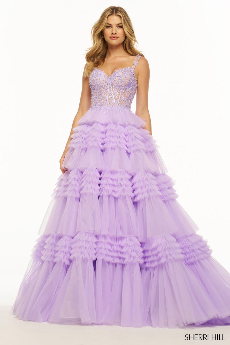 This Sherri Hill ballgown features tulle ruffle fabric with a lace corset bodice. Make a statement at your next prom or formal event in this stunning dress.   Sherri Hill 56019