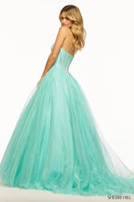 This ballgown features a strapless sweetheart neckline with corset boning embellished with rhinestones on the taffeta fabric bodice. The organza skirt creates a voluminous A-line silhouette, which could be just the vibe for your next prom or formal event.  Sherri Hill 56028