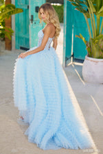 This Sherri Hill strapless ballgown features a leaf lace corset bodice and ruffle skirt with a slit. This dress is feminine and playful and could be ideal for your next prom or formal event!

Sherri Hill 56042
