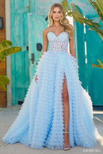 This Sherri Hill strapless ballgown features a leaf lace corset bodice and ruffle skirt with a slit. This dress is feminine and playful and could be ideal for your next prom or formal event!

Sherri Hill 56042