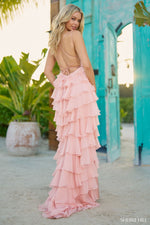 This Sherri Hill gown features stretch satin fabric with a fitted silhouette. The lace-up back and chiffon ruffle over the back of the skirt are the unique details that make this dress feminine and playful. This could be the ideal dress for your next prom or formal event!  Sherri Hill 56078
