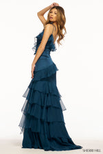 This Sherri Hill dress features a fitted silhouette with stretch satin fabric, chiffon ruffles throughout and a skirt slit. This dress is playful and effeminate and could be just the vibe for your next prom or formal event.   Sherri Hill 56087