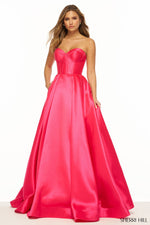 This ballgown features a strapless neckline with mikado fabric with a corset bodice. Style this dress to make it your own at your next prom or formal event!  Sherri Hill 56133