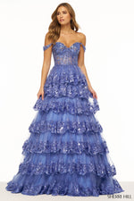 This Sherri Hill ballgown features a ruffle tulle lace sequin fabric with a sheer corset bodice, sweetheart neckline, off-the-shoulder straps and lace up back. This dress is not your average prom dress, it is sure to make a statement at your next prom or formal event.   Sherri Hill 56196