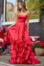 <p>This stunning gown features a straight across neckline with double spaghetti straps and an open lace-up back. The A-line silhouette features a skirt with ruffle tiers adding slight volume and design interest. This dress may be just the vibe for your next prom or formal event.</p> <p>Sherri Hill 56373</p>