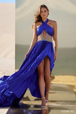 This gown features charmeuse pleated fabric with a criss-cross neckline, an illusion sheer beaded waistband, and a skirt slit. This dress is unique and one of a kind. Shine at your next pageant, prom or event in this stunning gown.  Sherri Hill 56473