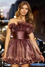 This cocktail dress features a crumb catcher neckline with pleated fabric, a thick ruched waistband and ruffle tiered skirt. This dress is feminine and unique and could be ideal for your next homecoming or formal event.  Sherri Hill 56483