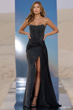 This gown features a strapless neckline with hot fix stones and an over-side skirt and a high slit. The bodice has exposed corset boning creating a flattering fit. This dress is a stunning choice for your next pageant or formal event.&nbsp;

Sherri Hill 56639
