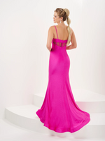 This dress features an illusion plunging neckline, spaghetti straps, a bodice with corset boning, a fitted silhouette and sparkle jersey fabric. This dress is modern and unique and could be your dream prom dress! Or any formal occasion.   HOW 16062