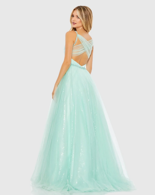 This dress features clear sequin-covered fabric topped with tulle. It’s styled with a surplice neckline, delicate embellished straps, a beaded waist, and a stunning crisscross back made from sheer tulle. Style this dress to make it your own at your next prom or formal event.

Mac Duggal 67565