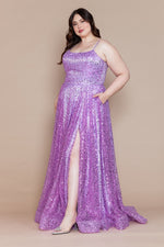 This dress features a straight across neckline with adjustable spaghetti straps and a lace-up back. The fabric is fully sequin with an A-line silhouette, a slit and pockets. This dress is glamorous and could be ideal for your next prom or formal event.

PY W1142
