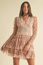 This cocktail dress features delicate floral embroidery with crochet lace trim, long sheer sleeves and a V-neckline. This dress is boho and feminine and could be ideal for your next homecoming or formal event.

EB LD1664