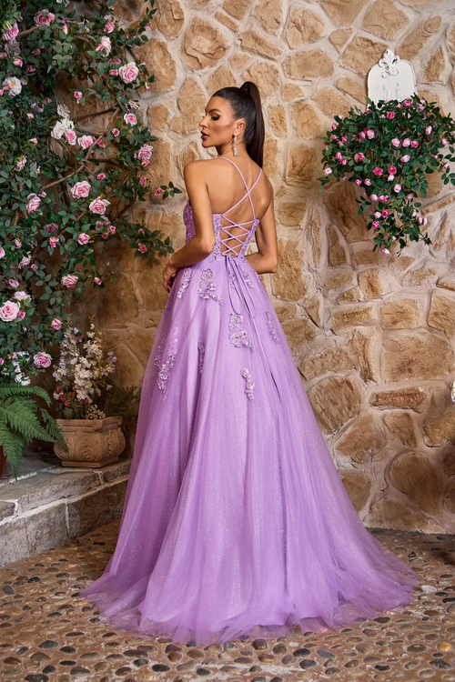 The dress features a boat neckline with spaghetti straps and a lace-up back. The bodice has lace detailing trickling into the skirt with a full glitter tulle skirt. This is a romantic choice for your next prom or formal event.

JAD J26010