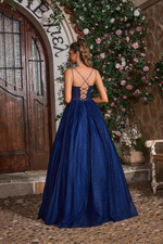 This ballgown features dual spaghetti straps, a sweetheart neckline with a lace-up back. The bodice features lace applique and the skirt is glitter tulle creating volume and drama. This dress is a stunning choice for your next prom or formal event.

JAD J26007