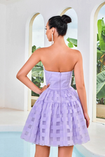 This cocktail dress features a strapless neckline with an A-line silhouette and a unique lace stripe fabric. This dress could be ideal for your next homecoming, sweethearts or formal event.  JAD J24092