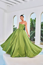 This ballgown features a strapless neckline with a corset bodice, a lace-up back, and taffeta fabric. This dress is a stunning choice for your next prom or formal event.  JAD J24033