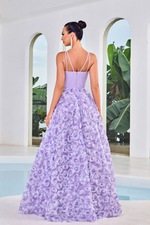 This dress features a sweetheart corset bodice with boning, an A-line silhouette, and a skirt full of 3D floral rosettes. This dress balances modern and feminine and could be a stunning choice for your next prom or formal event.  JAD J24027