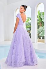 This dress features a square neckline with cap sleeves, an A-line silhouette with 3D floral fabric. This dress is ethereal and could be a great choice if you want a more modest prom dress. It has great coverage without sacrificing style.   JAD J24044
