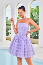 This cocktail dress features a strapless neckline with an A-line silhouette and a unique lace stripe fabric. This dress could be ideal for your next homecoming, sweethearts or formal event.  JAD J24092