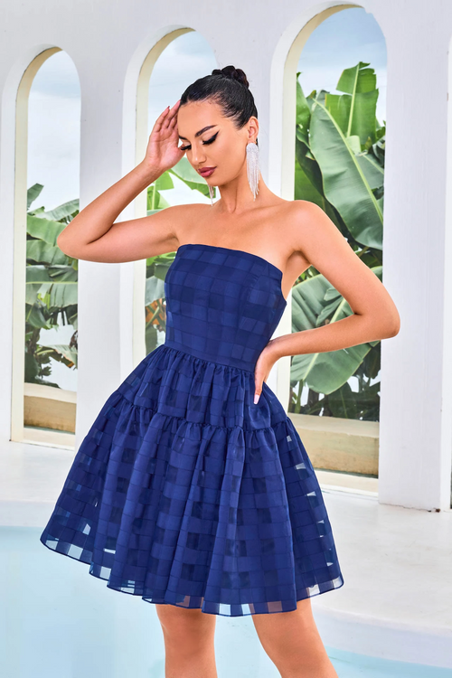 This cocktail dress features a strapless neckline with an A-line silhouette and a unique lace stripe fabric. This dress could be ideal for your next homecoming, sweethearts or formal event.  JAD J24092
