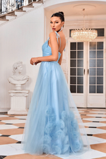 This dress features a sweetheart neckline with spaghetti straps with ties, a ruched bodice, tulle fabric, and an A-line silhouette with 3D floral detailing on the skirt. This dress is feminine and ethereal and could be an ideal choice for your next prom or formal event.  JAD J24013