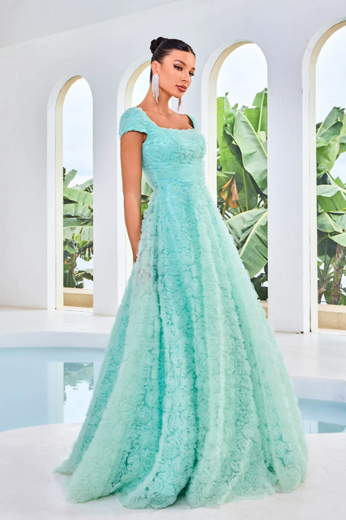 This dress features a square neckline with cap sleeves, an A-line silhouette with 3D floral fabric. This dress is ethereal and could be a great choice if you want a more modest prom dress. It has great coverage without sacrificing style.   JAD J24044