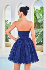 This cocktail dress features a strapless neckline with an A-line silhouette and a unique lace stripe fabric. This dress could be ideal for your next homecoming, sweethearts or formal event.  JAD J24092