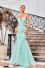 This dress features a v-neckline with spaghetti straps, a floral sequin embellished tulle fabric and a mermaid silhouette. This dress is glamourous and could be styled to make it your own at your next prom or formal event.   JAD J24031