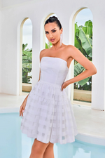 This cocktail dress features a strapless neckline with an A-line silhouette and a unique lace stripe fabric. This dress could be ideal for your next homecoming, sweethearts or formal event.  JAD J24092