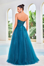 This dress features a strapless sweetheart neckline, a bodice with corset boning and lace applique, glitter tulle fabric skirt and an A-line silhouette with a lace-up back. This dress is elegant and could be perfect for your next prom or formal event.  JAD J24016