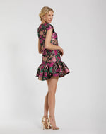 This cocktail dress is fashioned in luxurious brocade, and features a column silhouette with a high neckline and cap sleeves. This modest homecoming dress is finished with a close back and a gorgeous ruffle hem.

Mac Duggal 56096