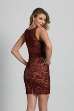 This red lace Dave and Johnny 5522 short dress has a high neckline and fitted silhouette.