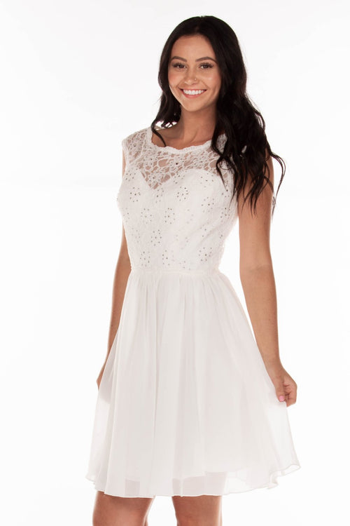 This PY 7502 fit-n-flare cocktail dress in ivory features a beaded lace high neck bodice with a sweetheart neckline underneath and an open back. 