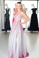 This DJ A9321 A-line shimmer ombre gown in pink features an open back and a sweetheart neckline.