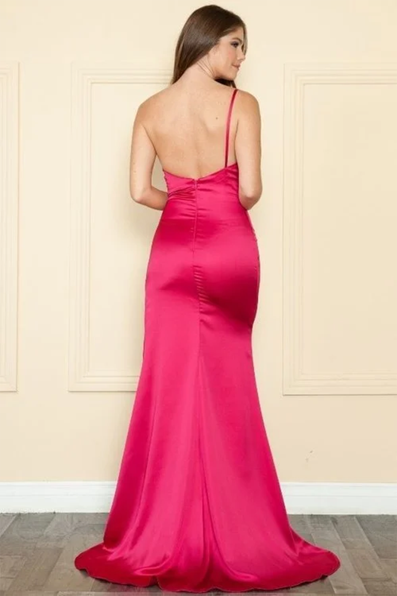 This simple one-shoulder gown with a delicate single strap with a high slit makes for the perfect prom dress. Pair this dress with strappy silver heels to complete your prom look.  PY 9030
