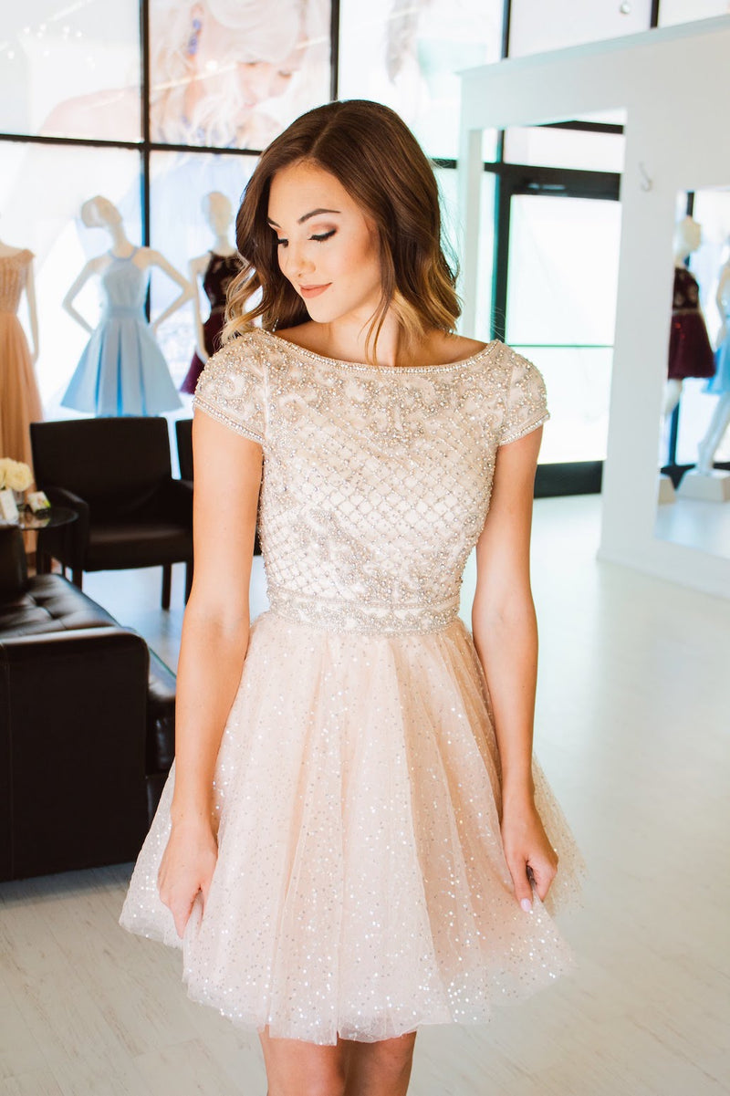 This Sherri Hill 52273 cocktail dress in nude/silver features a beaded bodice and a sequin tulle skirt. 