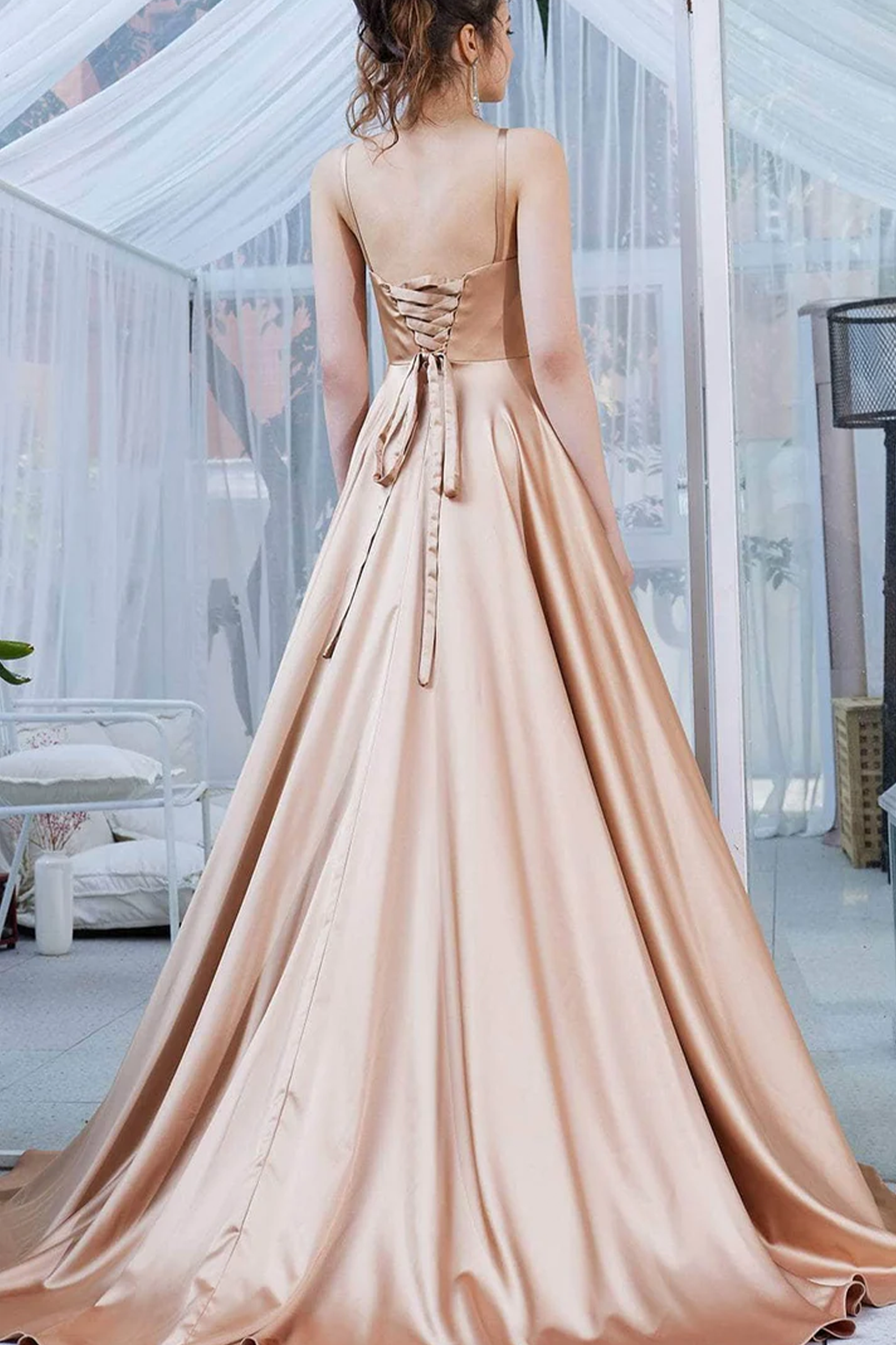 Gold satin mermaid spaghetti sleeve prom dress, homecoming dresses, wed -  ANKA
