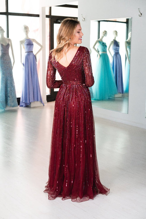 Burgundy beaded prom dress