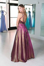 This CAC 2117 A-line shimmer gown in copper features a straight neckline and a strappy open back. 