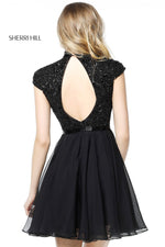 This Sherri Hill 51275 cocktail dress in berry features a beaded high neck bodice with a keyhole back and a chiffon cocktail skirt. 