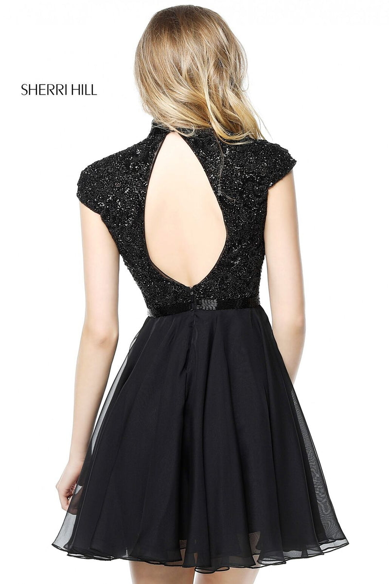 This Sherri Hill 51275 cocktail dress in berry features a beaded high neck bodice with a keyhole back and a chiffon cocktail skirt. 