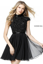 This Sherri Hill 51275 cocktail dress in berry features a beaded high neck bodice with a keyhole back and a chiffon cocktail skirt. 