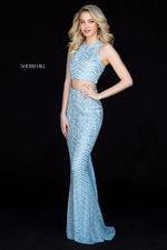 Sherri Hill 51782 light blue/silver beaded fitted two-piece.