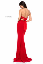 This Sherri Hill 51844 gown in red features a lace appliqué halter bodice and a jersey skirt with an open back.
