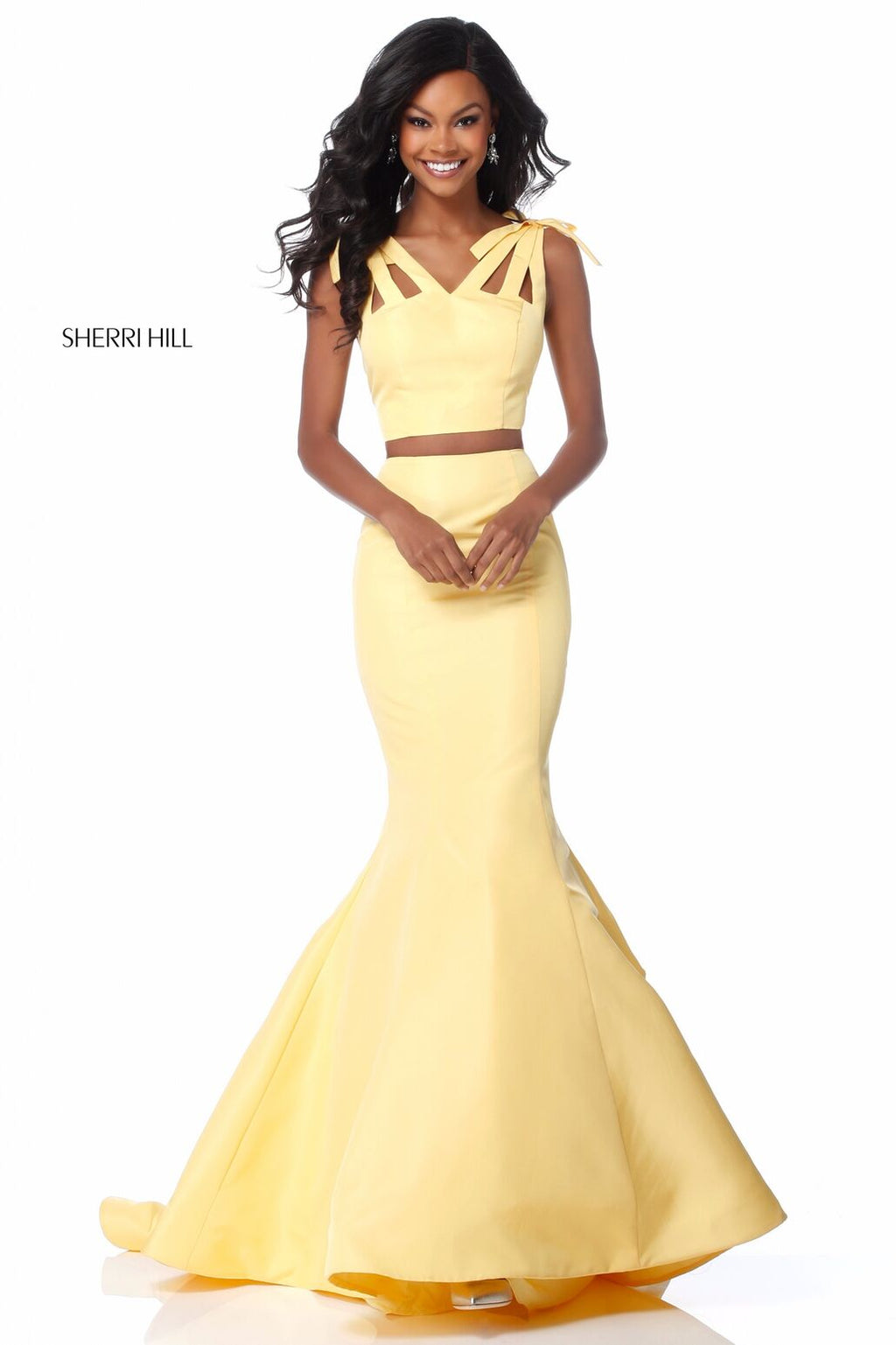sherri hill yellow mermaid dress Sherri Hill 56638 - Long Taffeta Mermaid Dress - Shoulder Bows, Fitted Bodice, Beaded, Open Back 12 / Light Yellow*