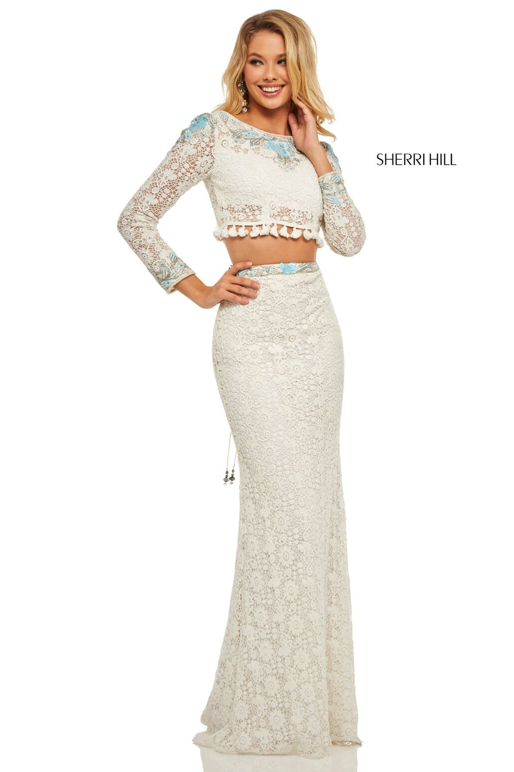Champagne Dresses Gold Long Sleeve Piece Prom Dress Sherri Hill 53247 Two  Piece Beaded Lace Mermaid