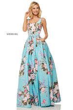 This Sherri Hill 52814 aqua A-line gown has a floral print and a tank bodice.