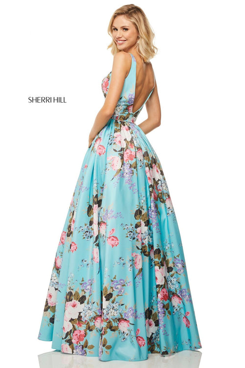 This Sherri Hill 52814 aqua A-line gown has a floral print and a tank bodice.