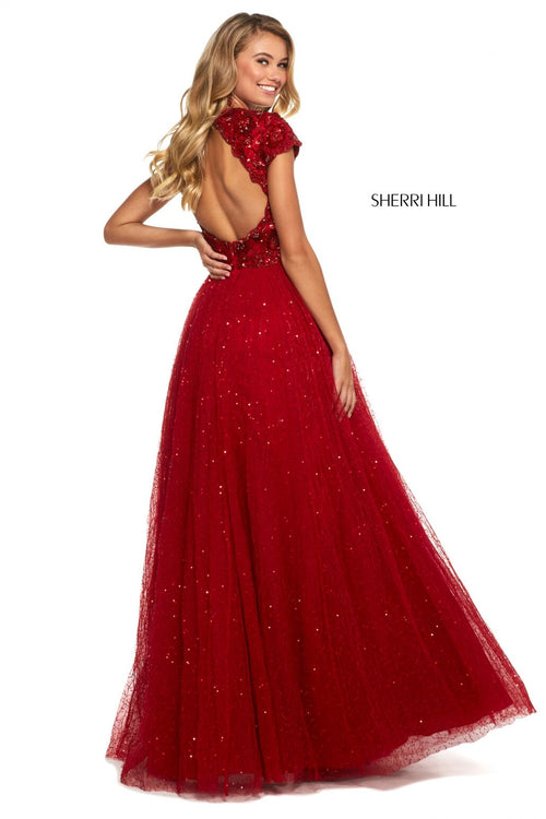 This Sherri Hill 53227 A-line gown in red features a high neck with a beaded bodice and an open back with a tulle shimmering skirt.