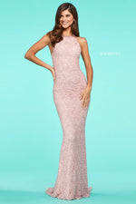 This Sherri Hill 53442 fitted gown features sequin lace and a high cut halter style neckline.
